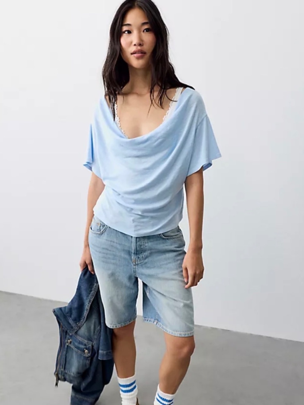 We the Free Waterfall Cowl Neck Light Blue Tee - XS